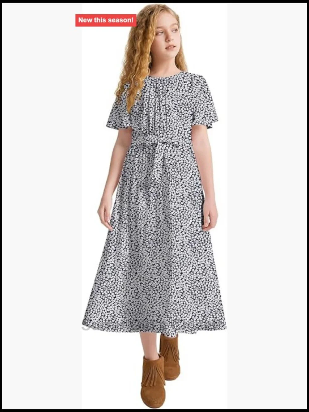 Girls Butterfly Sleeve Elastic Crew Neck Floral Print High Waist Midi Belted